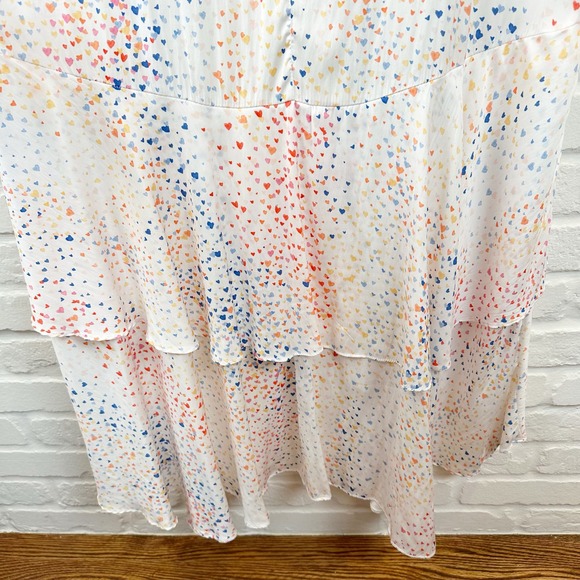 Hutch Multi Color Heart Maxi Dress White Satin Hi Low short sleeves V-neck 10 - Picture 9 of 15